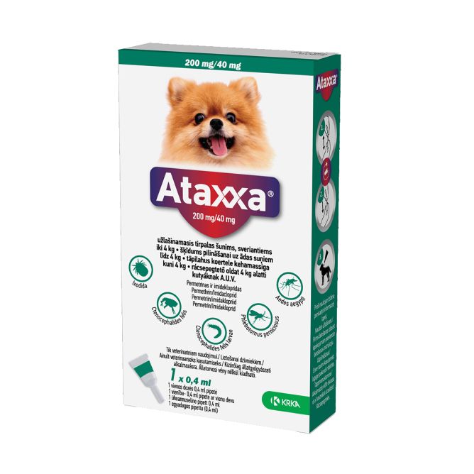 Ataxxa 200mg/40mg pilināšanai uz ādas suņiem (līdz 4kg), 1 gab.