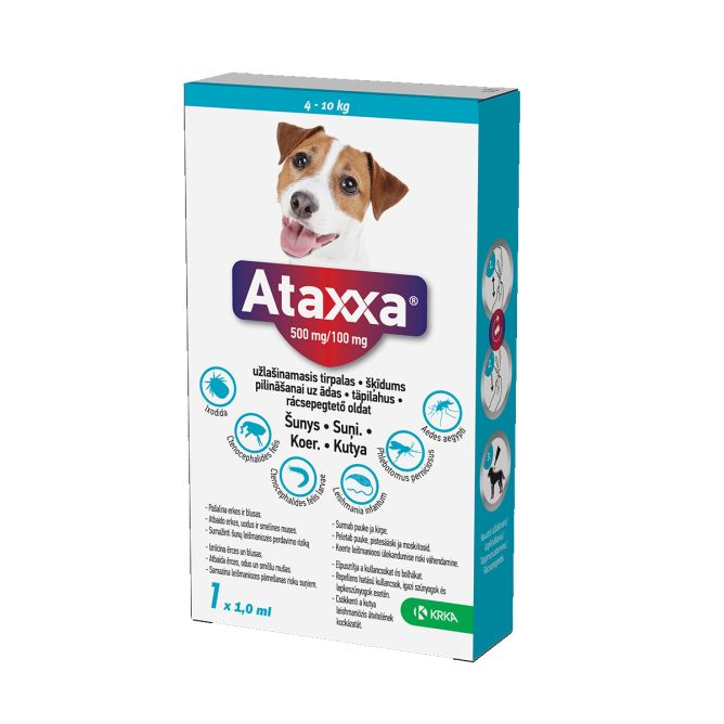 Ataxxa 500mg/100mg pilināšanai uz ādas suņiem (4-10kg), 1 gab.